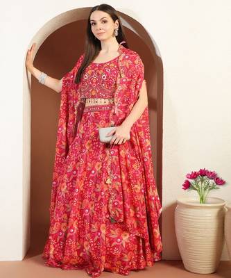 Printed & Embellished Lehenga Choli With Cape 1