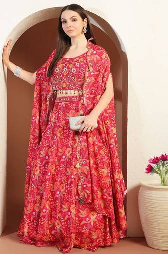 Printed & Embellished Lehenga Choli With Cape