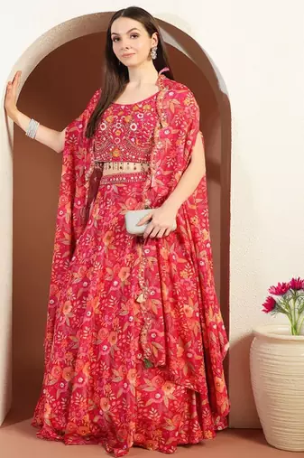 Printed & Embellished Lehenga Choli With Cape