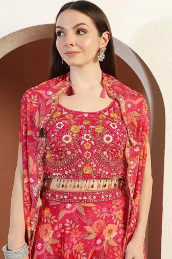 Printed & Embellished Lehenga Choli With Cape