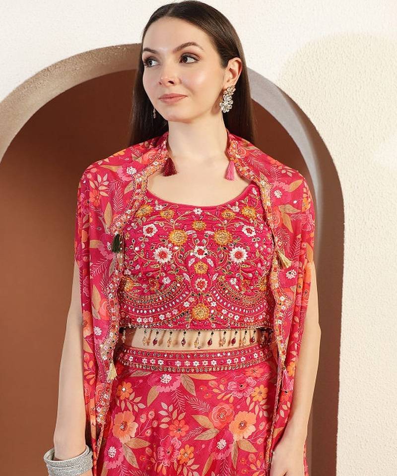 Printed & Embellished Lehenga Choli With Cape