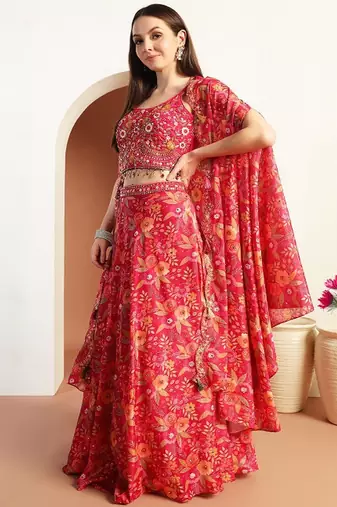 Printed & Embellished Lehenga Choli With Cape