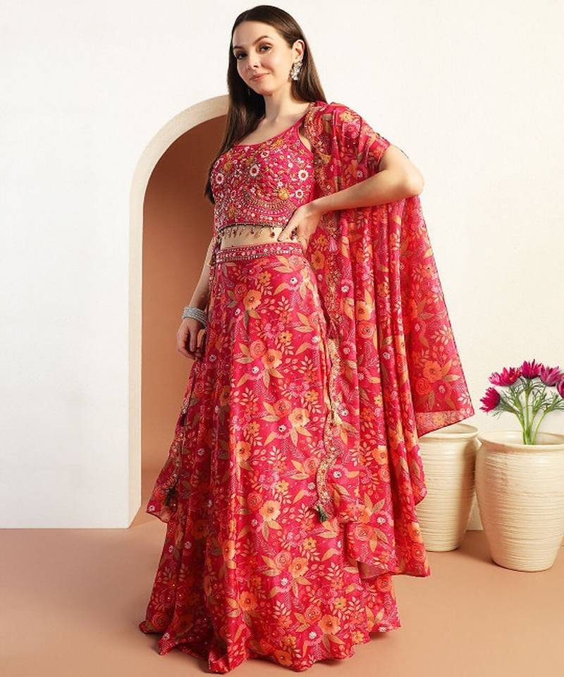 Printed & Embellished Lehenga Choli With Cape