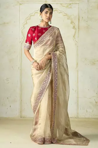 Off White Color Embroidery work And Sequins with Cording And Dori Work  Twill Net Saree