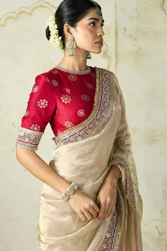 Off White Color Embroidery work And Sequins with Cording And Dori Work  Twill Net Saree