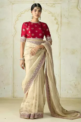 Off White Color Embroidery work And Sequins with Cording And Dori Work  Twill Net Saree