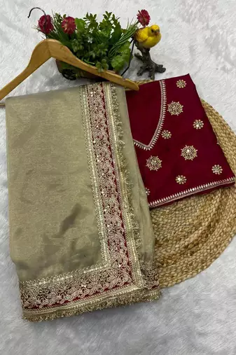 Off White Color Embroidery work And Sequins with Cording And Dori Work  Twill Net Saree