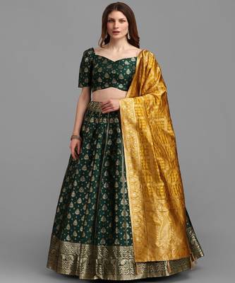 Green & Mustard Semi Stitched Lehenga & Unstitched Blouse With Dupatta 1