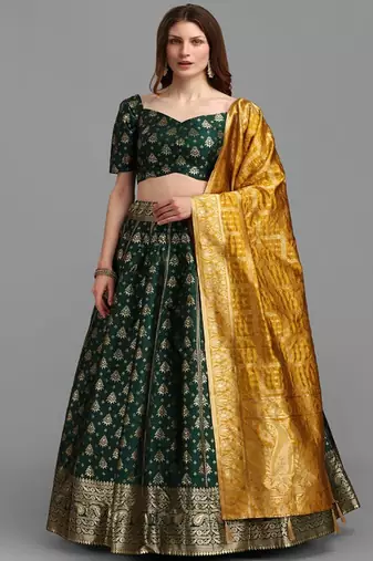 Green & Mustard Semi Stitched Lehenga & Unstitched Blouse With Dupatta