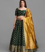 Green & Mustard Semi Stitched Lehenga & Unstitched Blouse With Dupatta
