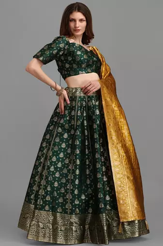 Green & Mustard Semi Stitched Lehenga & Unstitched Blouse With Dupatta