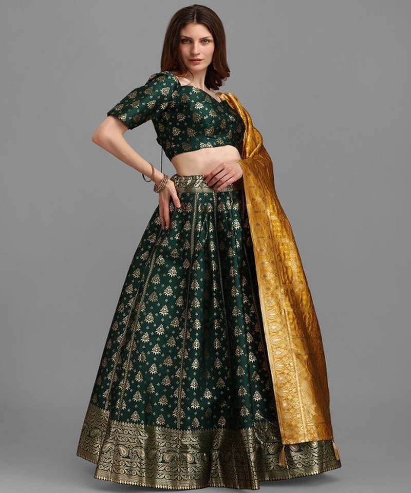 Green & Mustard Semi Stitched Lehenga & Unstitched Blouse With Dupatta