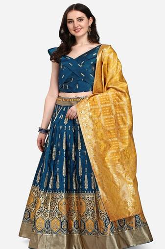 Teal & Mustard Ready to Wear Lehenga & Unstitched Blouse With Dupatta