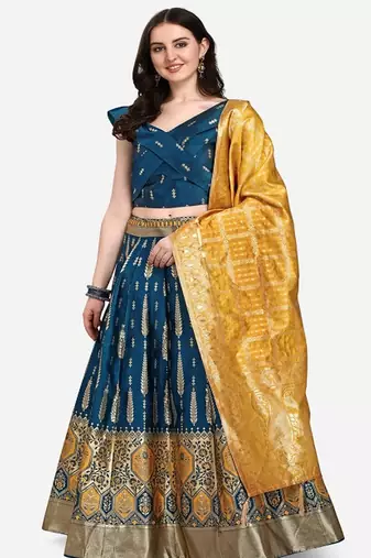 Teal & Mustard Ready to Wear Lehenga & Unstitched Blouse With Dupatta