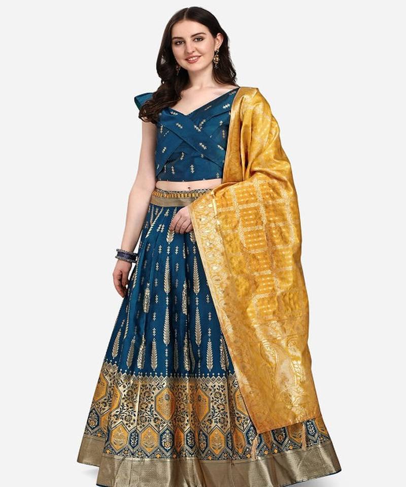 Teal & Mustard Ready to Wear Lehenga & Unstitched Blouse With Dupatta