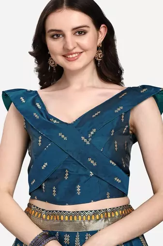 Teal & Mustard Ready to Wear Lehenga & Unstitched Blouse With Dupatta