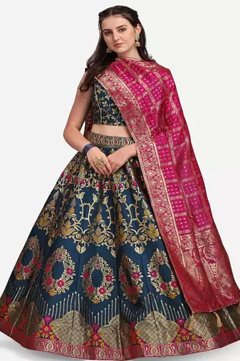 Teal & Magenta Ready to Wear Lehenga & Unstitched Blouse With Dupatta