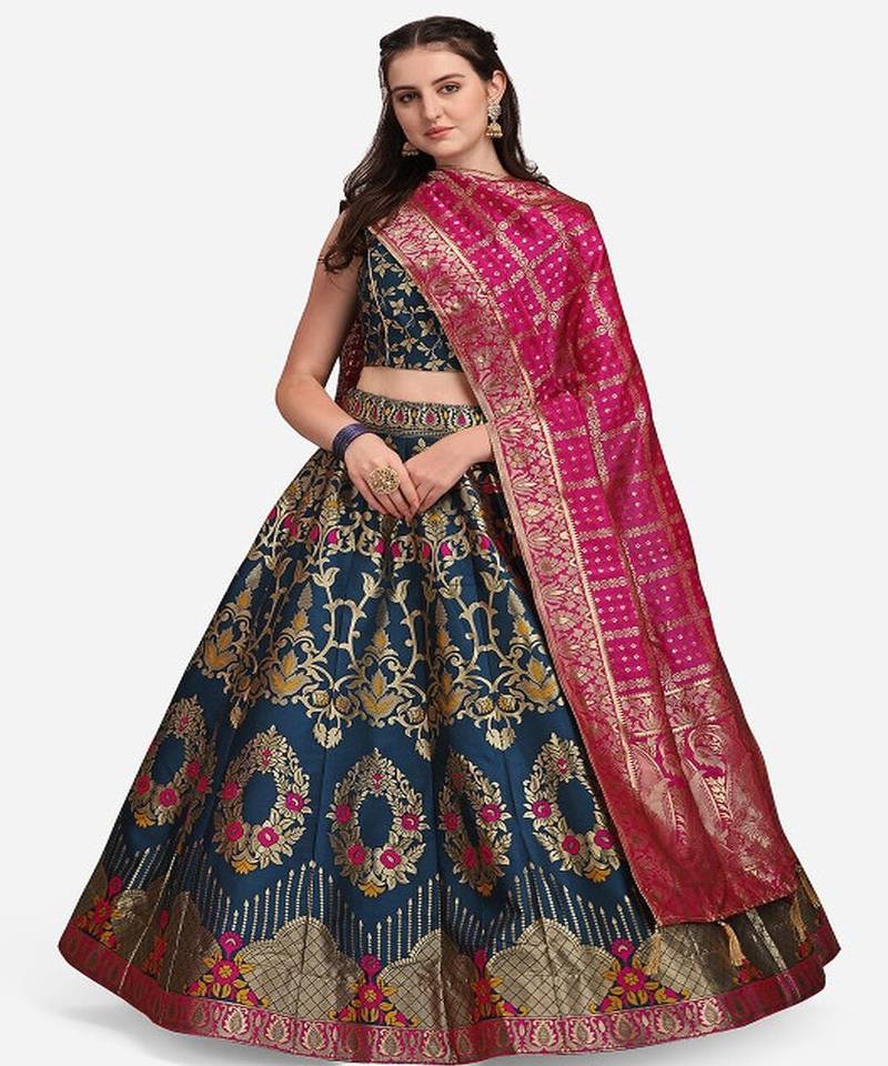 Teal & Magenta Ready to Wear Lehenga & Unstitched Blouse With Dupatta