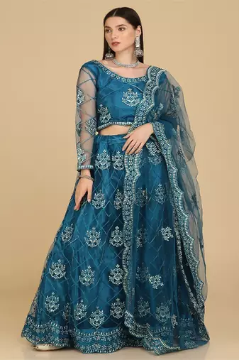 Turquoise Blue & Embroidered Thread Work Semi Stitched Lehenga & Unstitched Blouse With Dupatta