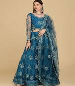 Turquoise Blue & Embroidered Thread Work Semi Stitched Lehenga & Unstitched Blouse With Dupatta