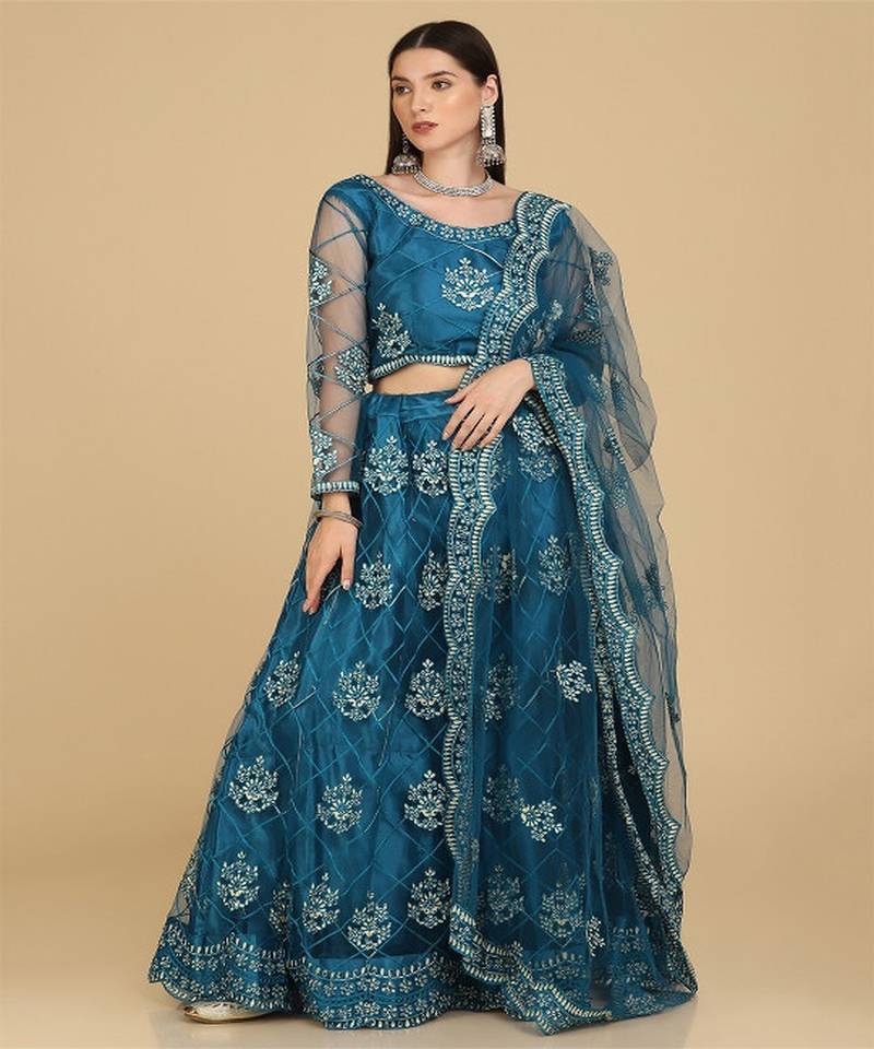 Turquoise Blue & Embroidered Thread Work Semi Stitched Lehenga & Unstitched Blouse With Dupatta