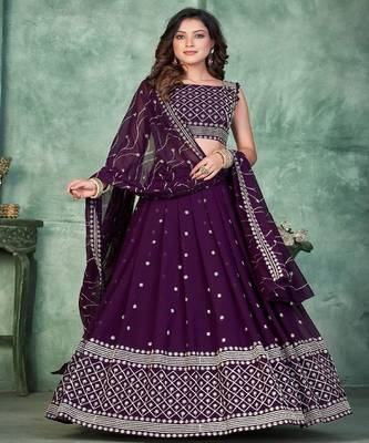 Embroidered Thread Work Semi Stitched Lehenga & Unstitched Blouse With Dupatta 1