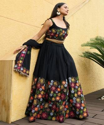 Embroidered Thread Work Semi Stitched Lehenga & Unstitched Blouse With Dupatta 3