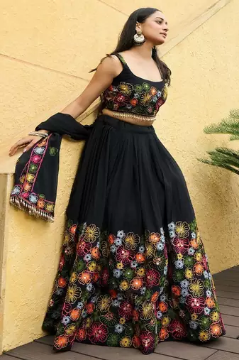 Embroidered Thread Work Semi Stitched Lehenga & Unstitched Blouse With Dupatta