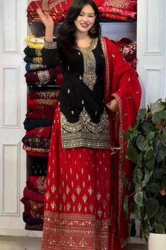 Black chinon silk readymade suit with embroidery & sequence work