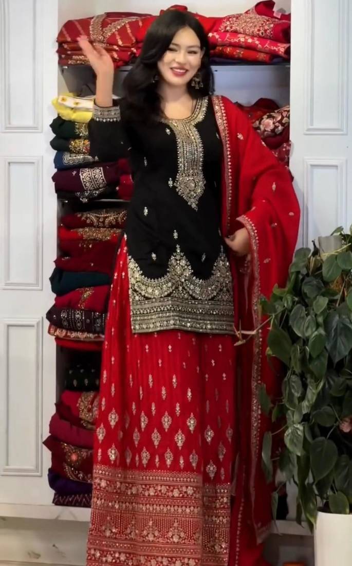 Black chinon silk readymade suit with embroidery & sequence work