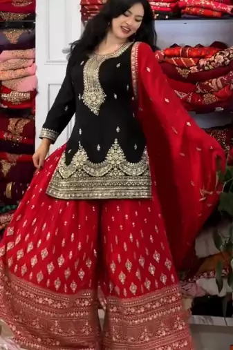 Black chinon silk readymade suit with embroidered sequin 