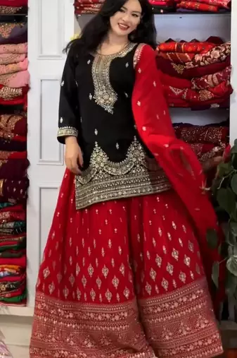 Black chinon silk readymade suit with embroidered sequin 