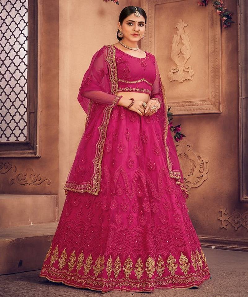 Embroidered Semi Stitched Lehenga & Unstitched Blouse With Dupatta