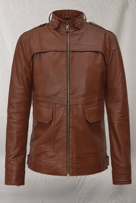 men's brown lambskin leather jacket classic zip up style top grade 1
