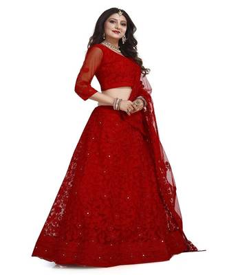 Embroidered Thread Work Semi Stitched Lehenga & Unstitched Blouse With Dupatta 3