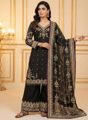 Black chinon silk readymade suit with embroidered sequin  1