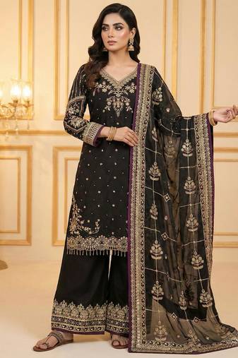 Black chinon silk readymade suit with embroidery & sequence work