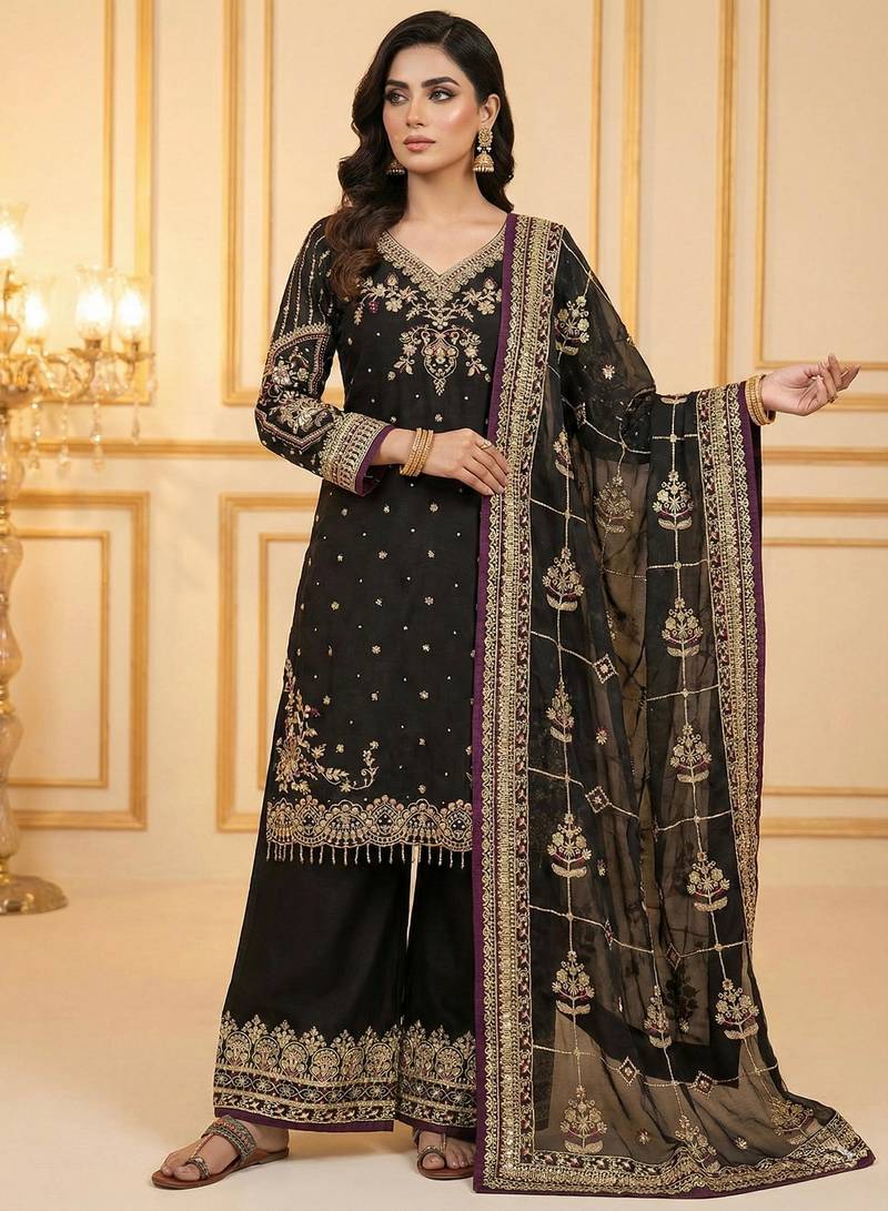 Black chinon silk readymade suit with embroidery & sequence work