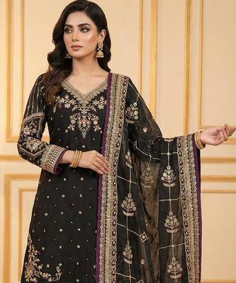 Black chinon silk readymade suit with embroidered sequin  2