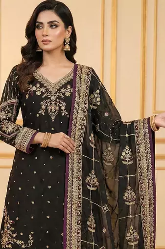 Black chinon silk readymade suit with embroidered sequin 