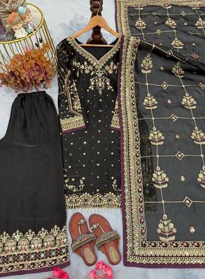 Black chinon silk readymade suit with embroidered sequin  3