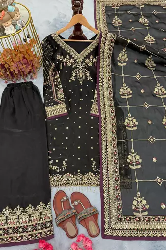Black chinon silk readymade suit with embroidered sequin 