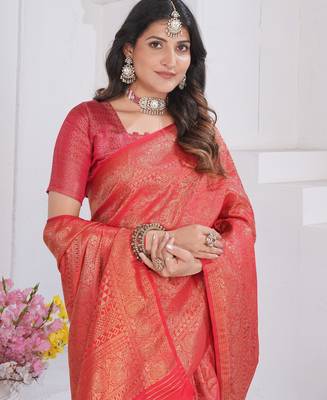 Red Pure Kanjeevaram Silk Rose Floral Woven Zari Design Saree With Blouse 1