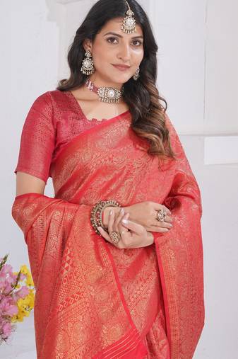 Red Pure Kanjeevaram Silk Rose Floral Woven Zari Design Saree With Blouse