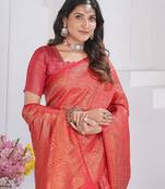 Red Pure Kanjeevaram Silk Rose Floral Woven Zari Design Saree With Blouse