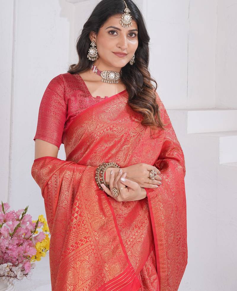 Red Pure Kanjeevaram Silk Rose Floral Woven Zari Design Saree With Blouse