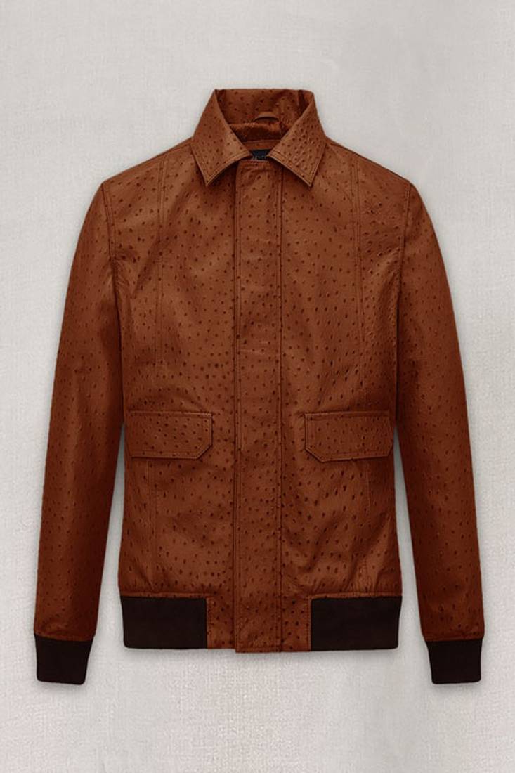 Stylish tan brown ostich design robert pattinson look lambskin leather jacket