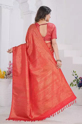 Red Pure Kanjeevaram Silk Rose Floral Woven Zari Design Saree With Blouse