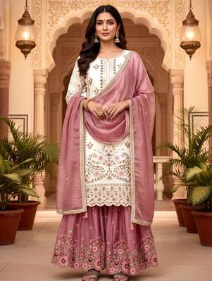 White silk readymade suit with embroidered sequin  1