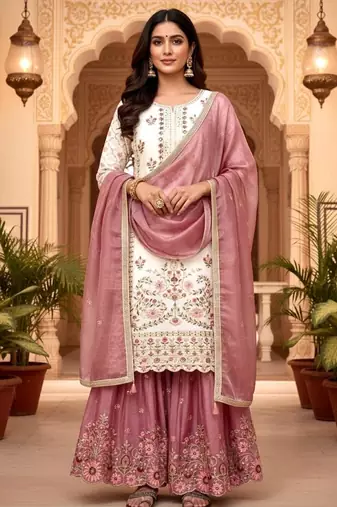 White silk readymade suit with embroidery & sequence work